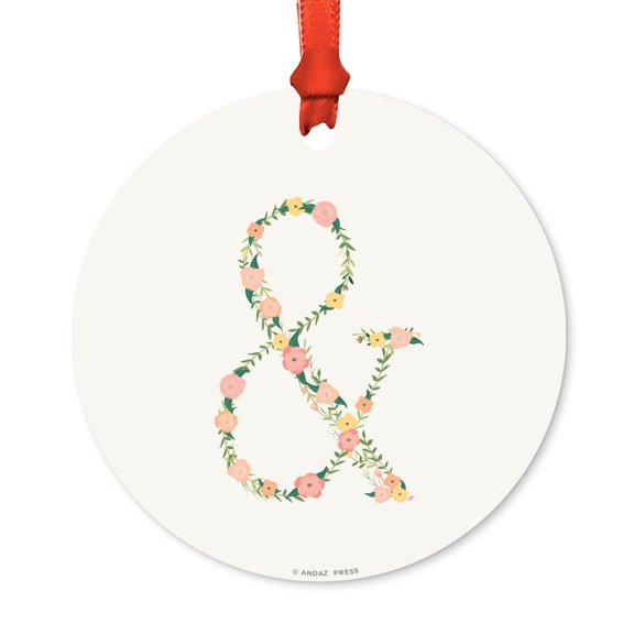 Floral Family Monogram Metal Christmas Ornament, Coral Peach Floral Roses, & Ampersand, Includes Ribbon and Gift Bag