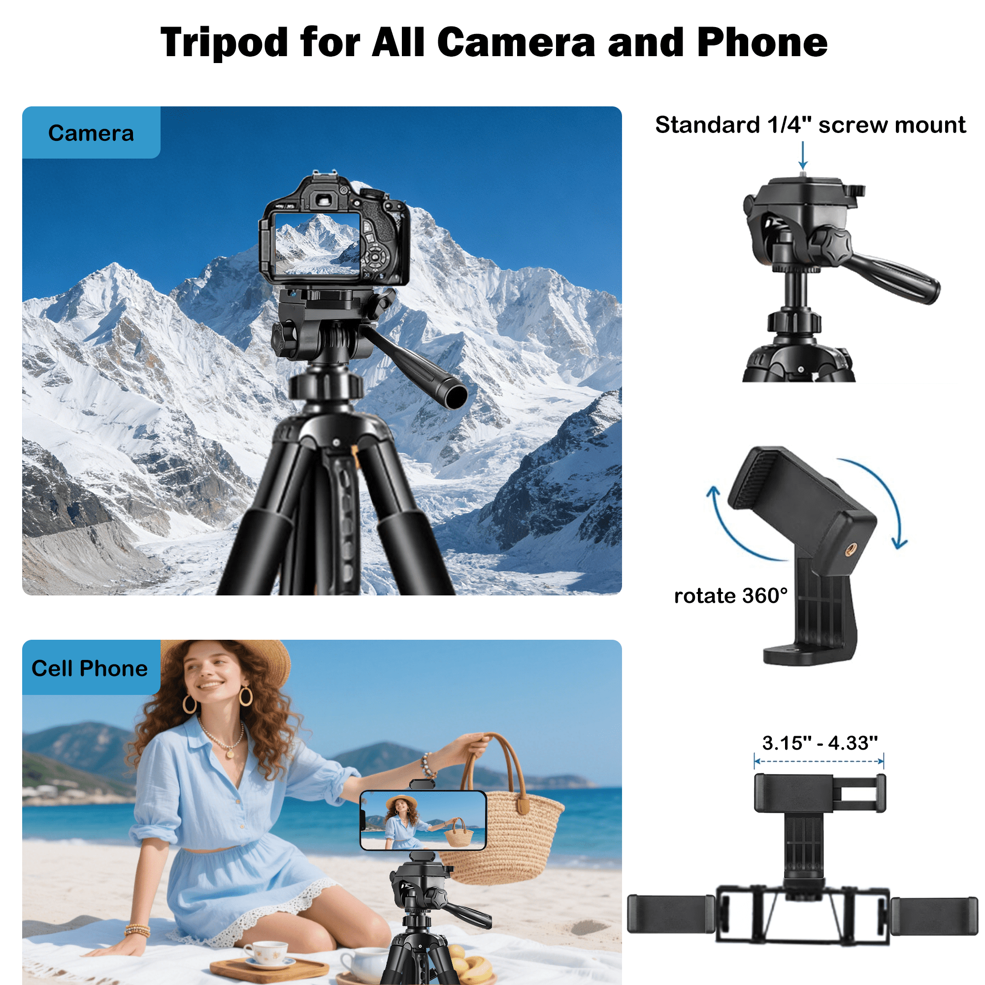 TIKBBRMG Camera Tripod, 67'' Tripod for Camera Phone Video Recording, Professional Tripod Stand with Carry Bag and Phone Holder * 3, Lightweight Travel DSLR Tripod for Smartphone Live Streaming Vlog