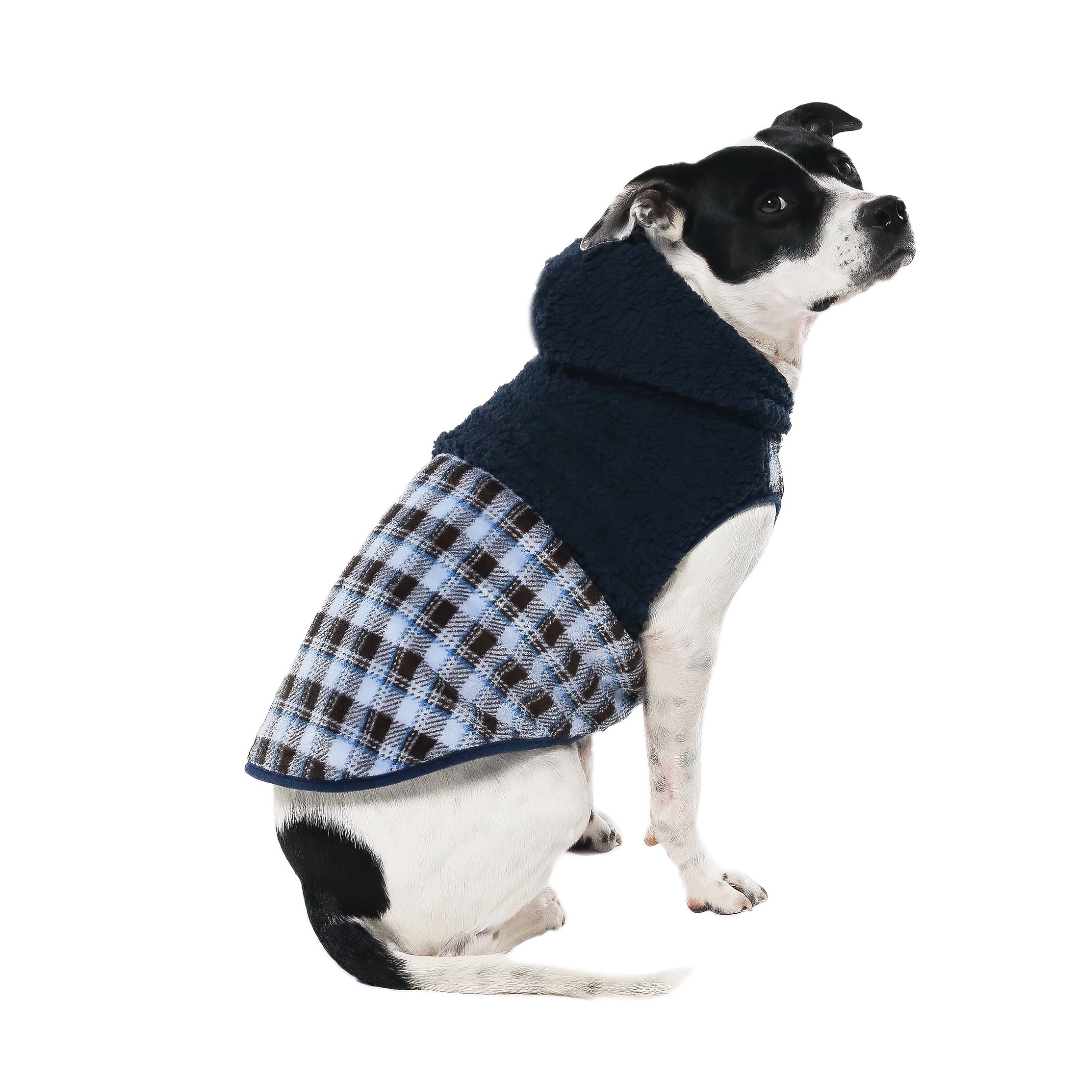 Vibrant Life Dog Clothes Blue Plaid Fleece Hooded Jacket, Size M