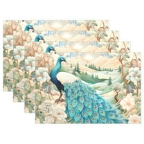 Peacock and Flowers 4 PCs Placemats Set Linen Non-Slip Table Mat Rectangular Washable for Dining Kitchen Party 12"x18"