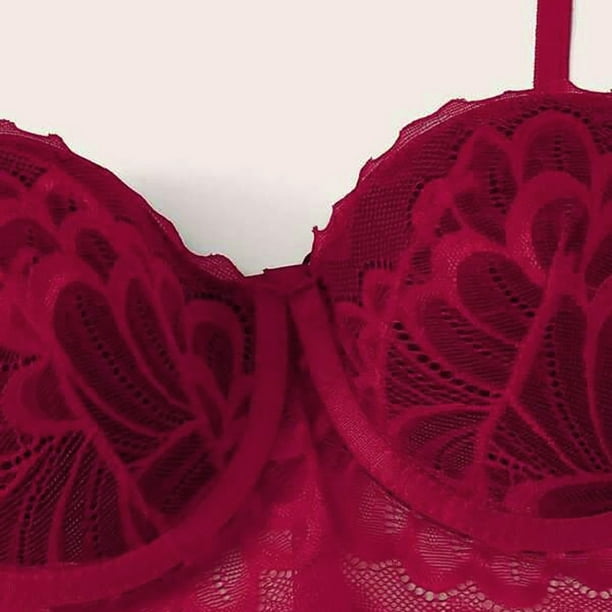 XIAQUJ New Fashion Lace Lingerie Underwear Sleepwear Steel Ring Pajamas  Garter Lingerie Set for Women Wine L 