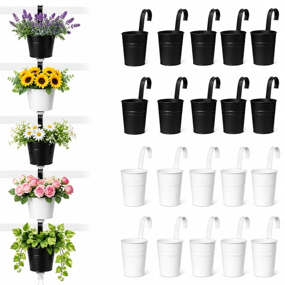 10 Pack Metal Hanging Flower Pots with Detachable Hooks & Drainage Holes, Balcony Fence Railing Planters for Home Garden Decor