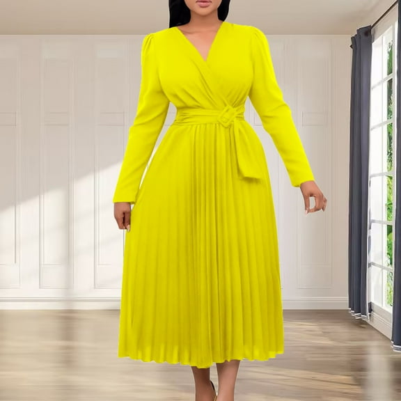 Sentmoon Swing Womens Dresses Long Sleeve V Neck Fall Dresses for Women 2024 Fitted Waist Knotted Short Dresses,Plus Size Fashion A-line Dresses Yellow S
