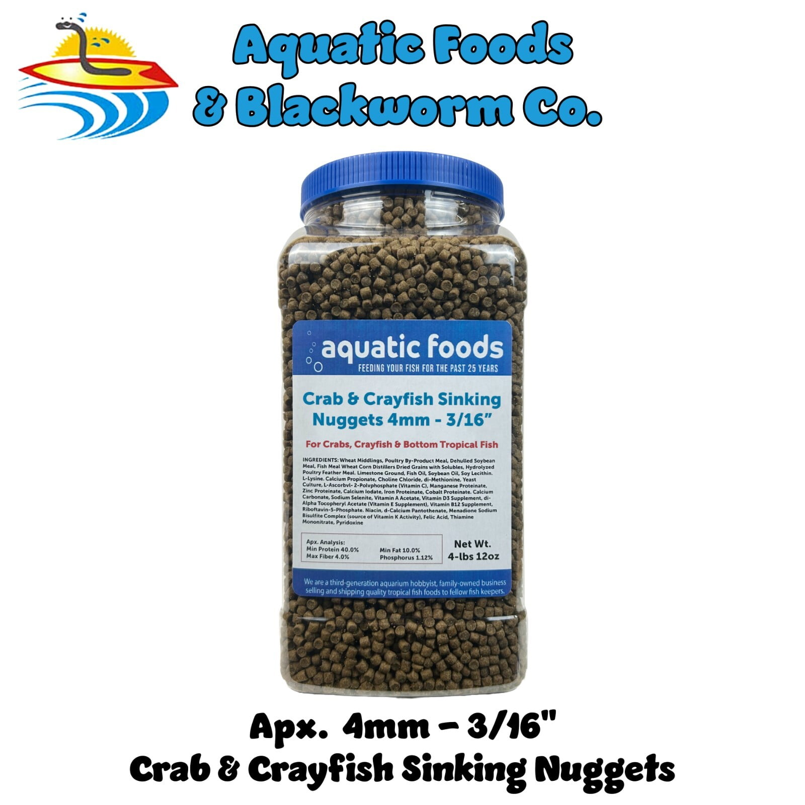 Crab & Crayfish 4mm-3/16" Sinking 40% Protein Nuggets for Crabs, Crayfish, Axolotl, Salamanders, Snails, All Bottom Tropical Fish 4-lbs 12oz Jar