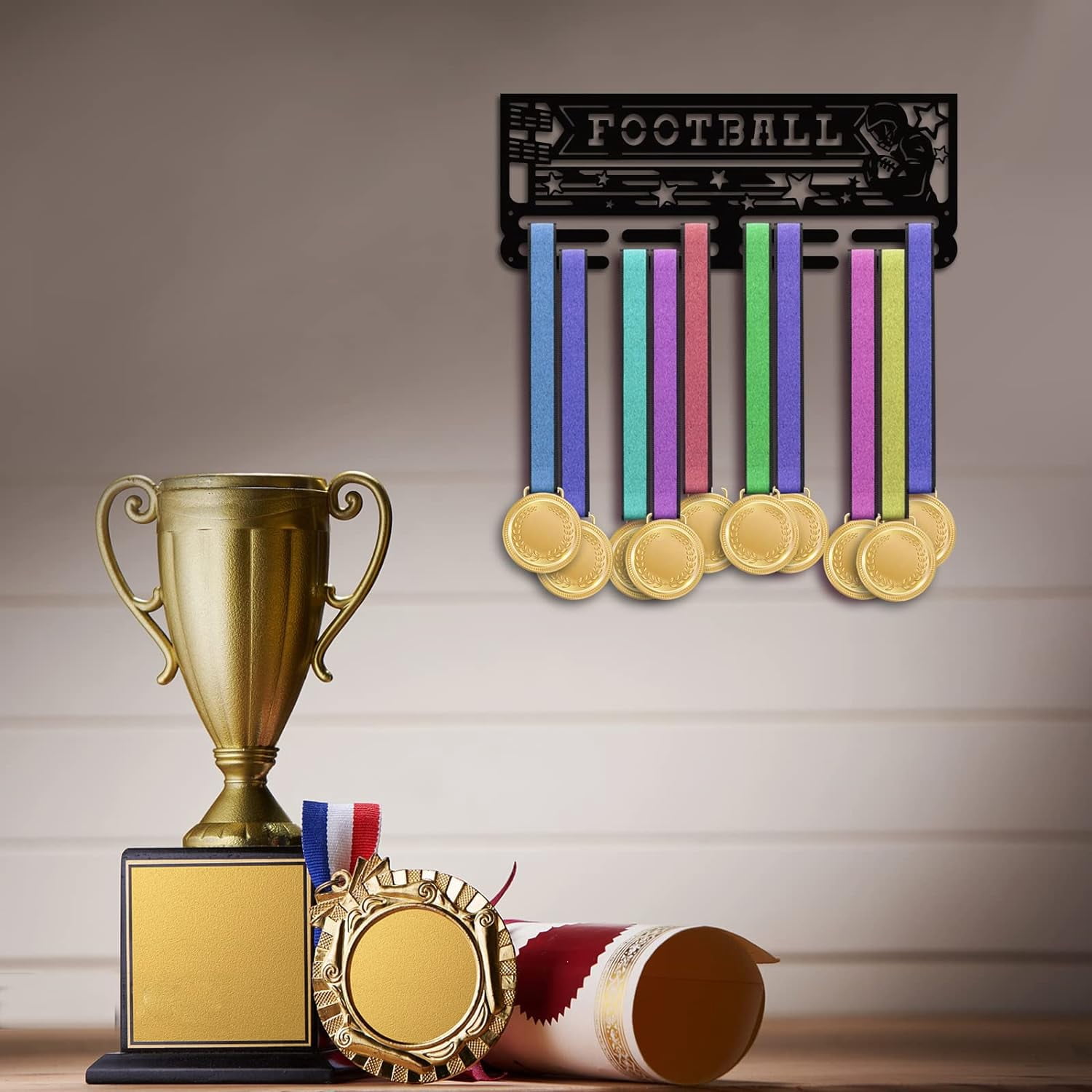 Football Medal Hanger Holder Medal Display Rack Hanger Awards Ribbon Cheer 2 Lines Sport Award Rack Wall Mount Iron Frame for Over 50 Medals Necklace Jewelry 15.75 Inch Black