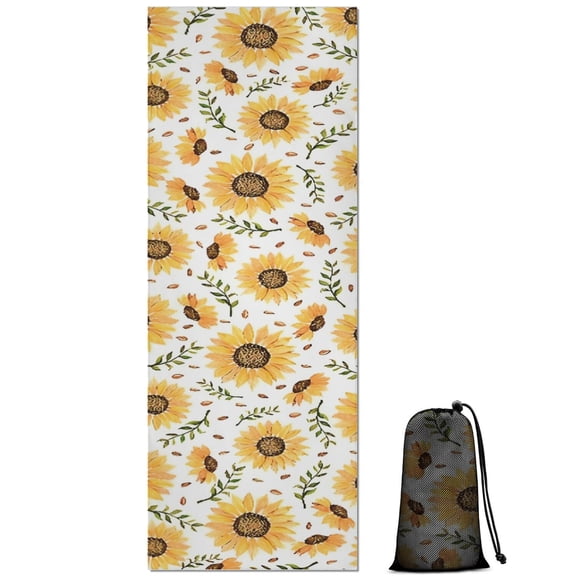 White Sunflower Leaf Seed Pattern Hot Yoga Mat Towel Non Slip for Hot Yoga - Quick-Drying Yoga Mat Cover with 4 Corner Pockets with Travel Bag - Hot Yoga Towel Non Slip 70"x26"