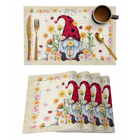Placemats Set of 4 Vintage Gnomes Woven Placemat Linen Place Mats for Kitchen/Dining Tables Rustic Pastoral Daisy Botanical Floral Washable Table Mats for Party