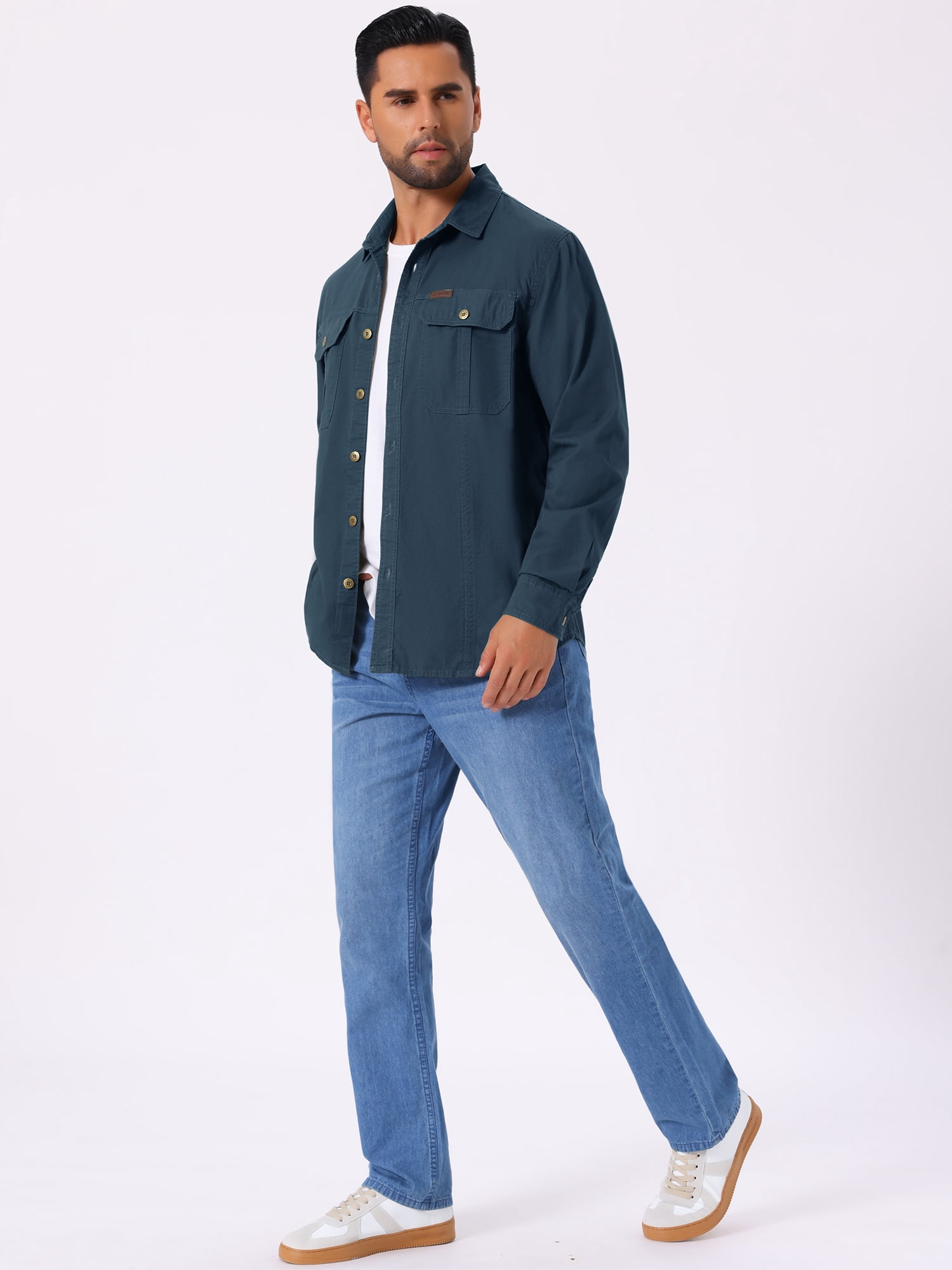 DARING DIVA Men's Casual Workwear Long Sleeve Button Down Hiking Shirts L Dark Blue