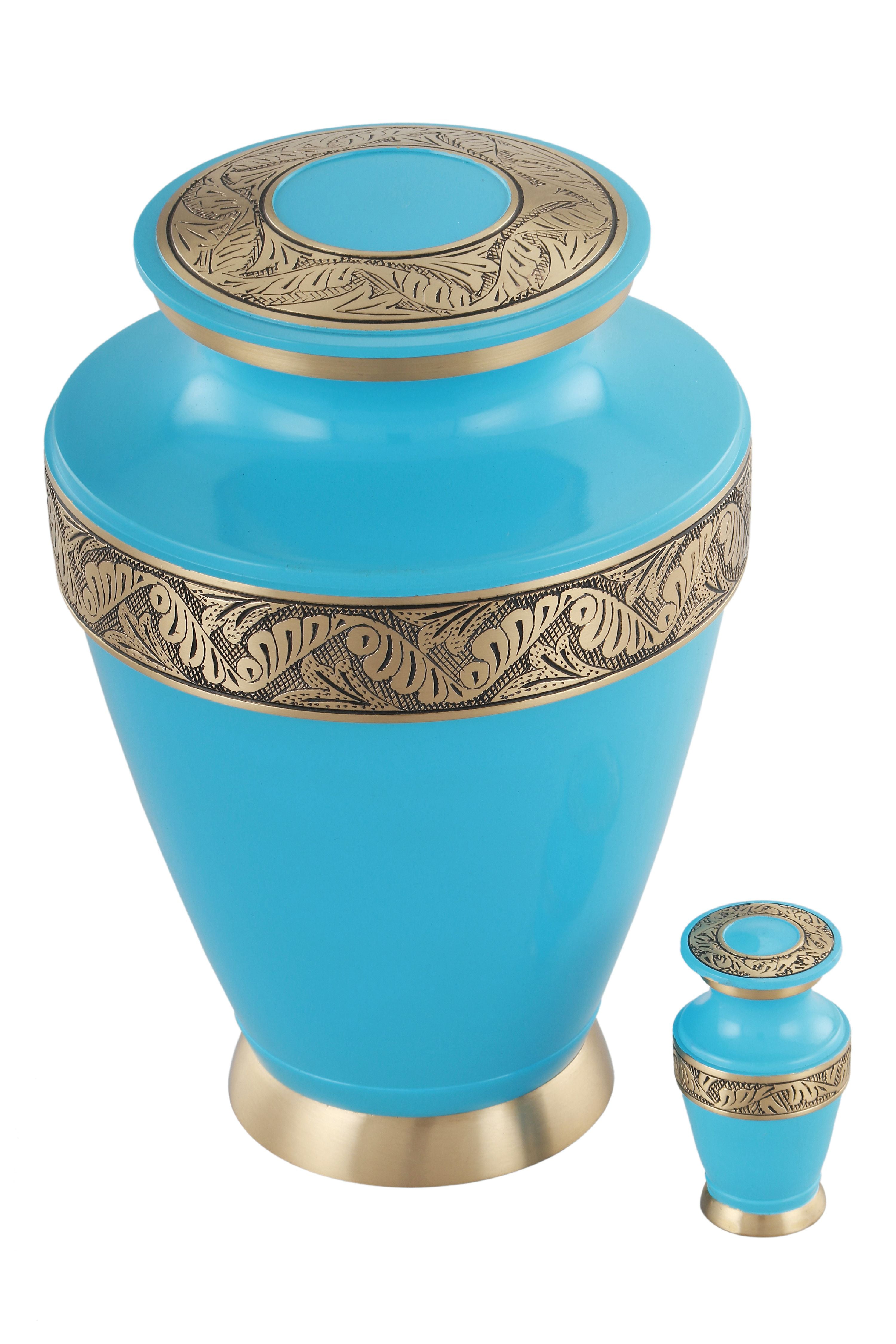 Regalon Cremation Urn - Adult Funeral Urn - Solid Brass Funeral Urn - Handcrafted Adult Funeral Urn for Ashes -Affordable Urn Deal with Free Keepsake (Ocean Blue)