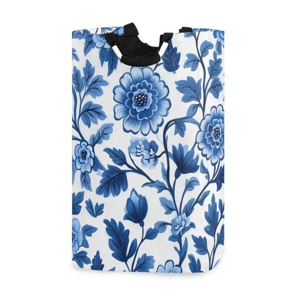 Yayeee Freestanding Laundry Hamper with Handle Collapsible Large Storage Basket for Clothes, Blue Floral Pattern
