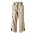 thumbnail image 4 of XPMWRP Women Elastic High Waist Big Patch Pocket Denim Wide Leg Pants Front Split Ankle Loose Lightweight Jeans Casual Walking Vacation Trousers Khaki XXL, 4 of 7