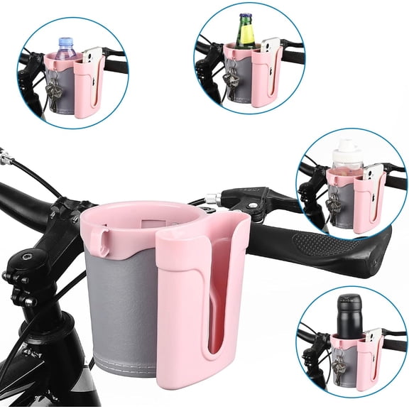 3-in-1 Bike Cup Holder with Cell Phone Keys Holder, Bike Water Bottle Holders, Universal Bar Drink Cup Can Holder for Bicycles, Motorcycles, Scooters, Grey Pink