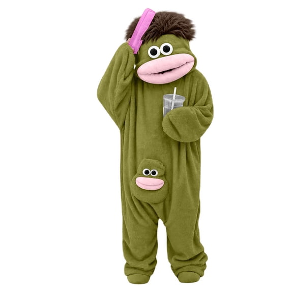 Novelty Big Mouth Monster Footless Onesie, Fleece Cozy Snuggle Goof Pajamas, for Family Loungwear Halloween Cosplay, No Comb Included, Green, 100