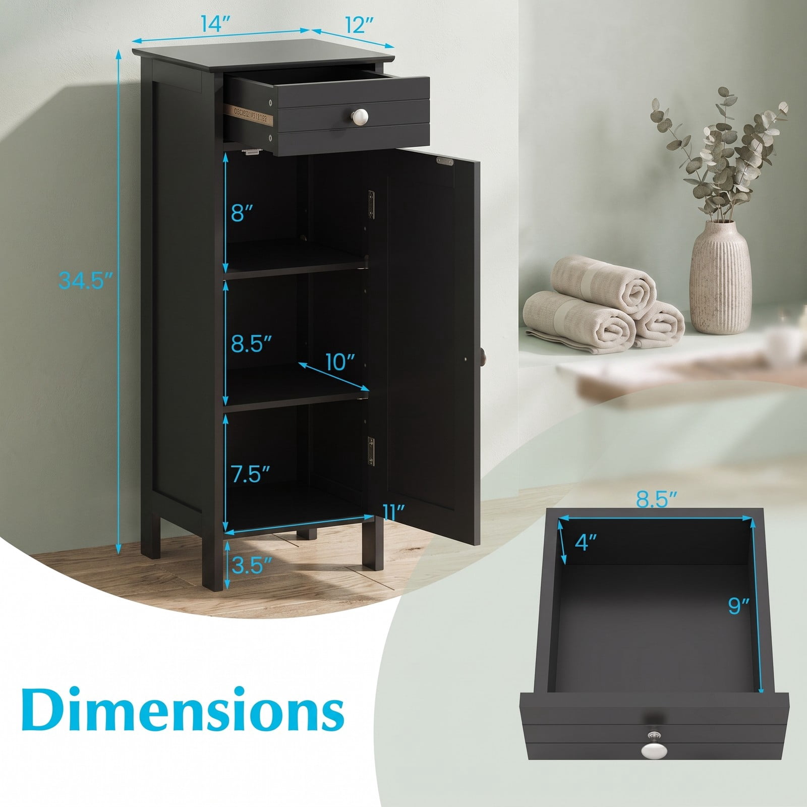 Fenbeli Free-Standing Wooden Storage Cabinet, Narrow Bathroom Floor Organizer with Drawer and 2 Adjustable Shelves, Slim Side Cabinet for Living Room Bedroom, Black