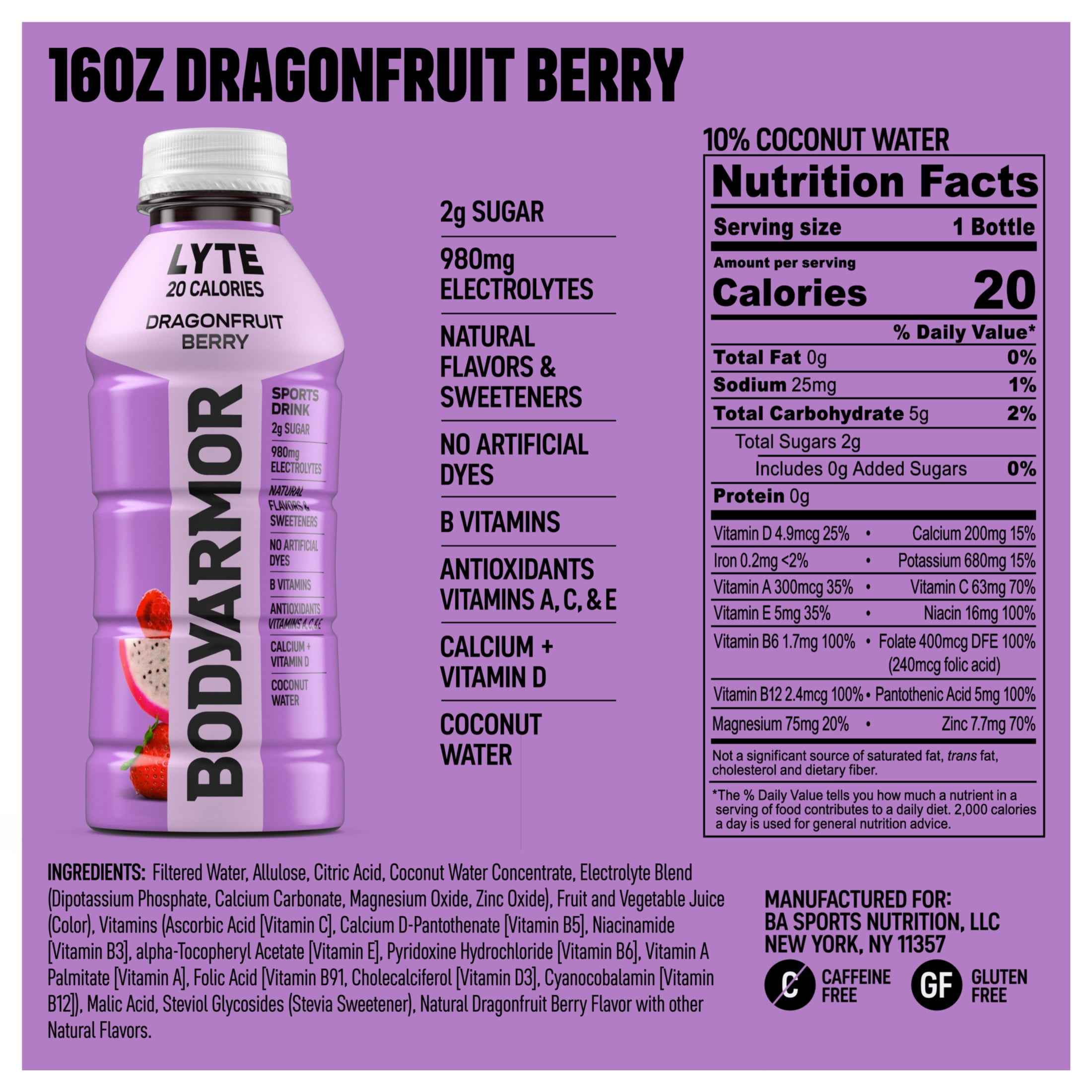 BODYARMOR Lyte Dragonfruit Berry Electrolyte Sports Drink Bottle, 16 fl oz
