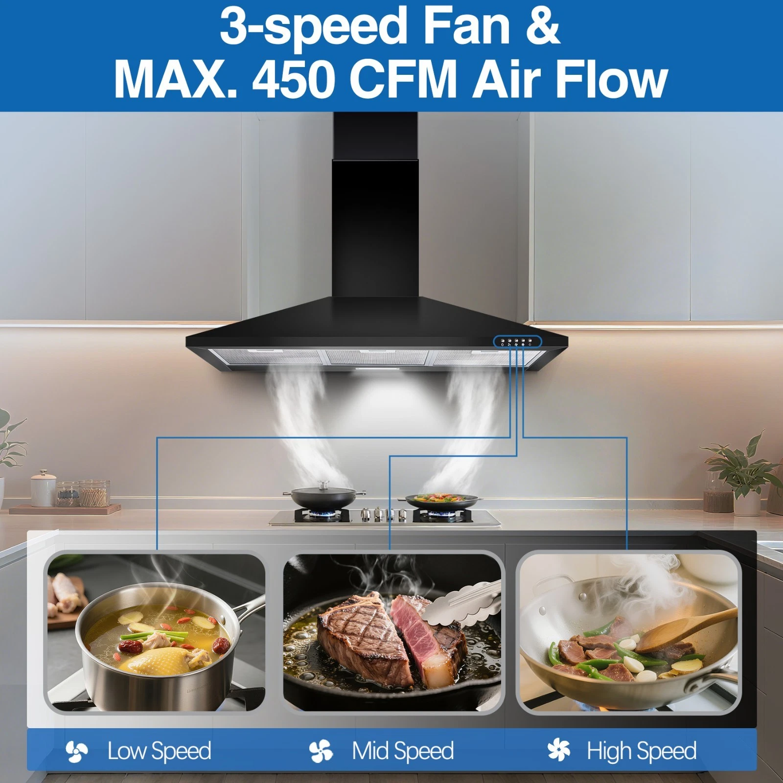 36 Inch Range Hood 450CFM Wall Mount Stainless Steel Kitchen Vent Hood 3-Speed Exhaust Fan Ducted/Ductless Convertible, Chimney-Style Stove Hood, LED Light & Push Button Control