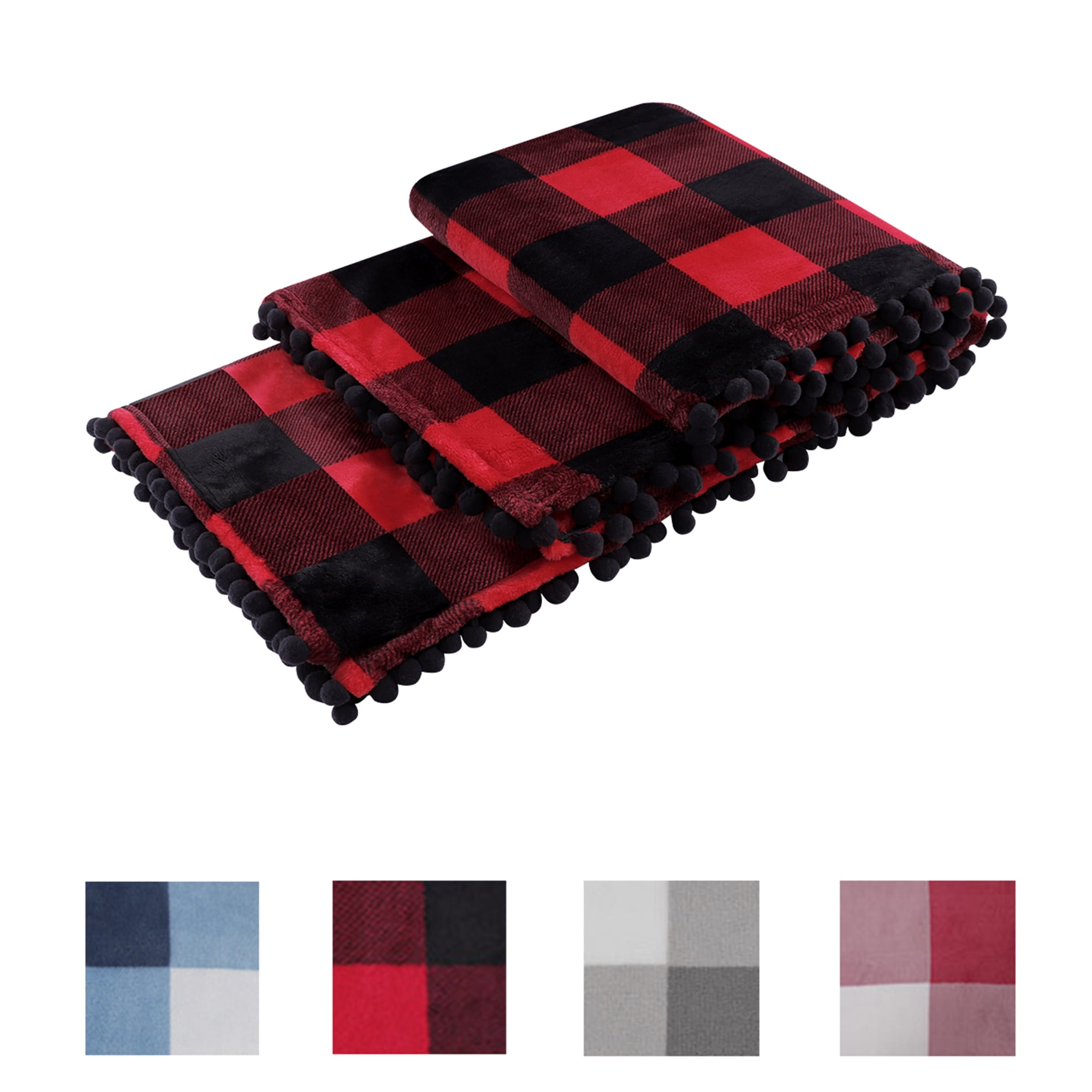 Soft Plush Couch Buffalo Plaid Fleece Throw Blanket, 50" x 60", Red and