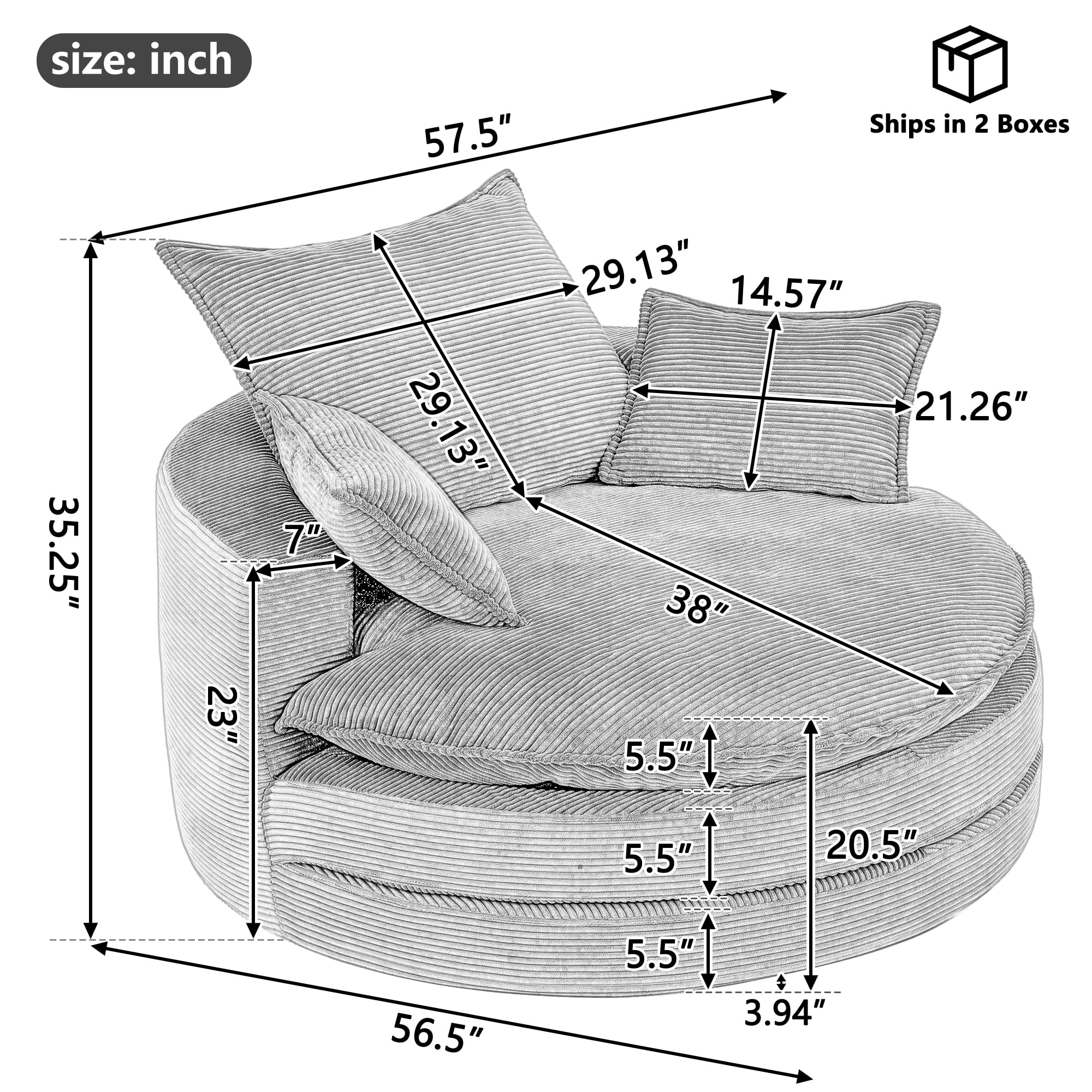 Euroco Oversized Round Swivel Chair with Corduroy Upholstery and Deep Seat, 360° Rotation Lounge Chair with Pillows for Living Room or Bedroom – 57.5" W x 56.5" D x 35.25" H