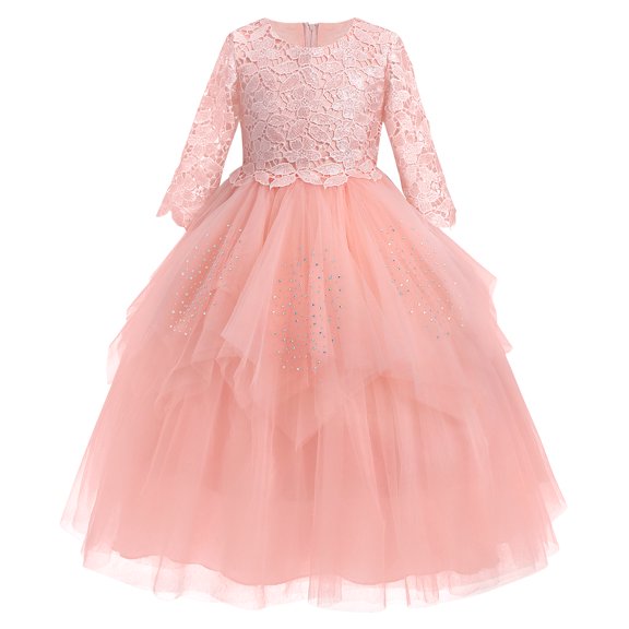 IBTOM CASTLE Flower Girl Communion Embroidery Lace Dress for Kids Junior Wedding Party Formal Dance Evening Maxi Gown with 3/4 Sleeve 5-6 Years Pink