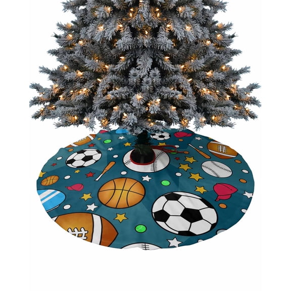 Sports Christmas Tree Skirt 48 Inches Large Christmas Skirt Tree, Basketball Football Rugby Skateboard Teal Star Tree Skirt Christmas Decorations for Fireplace Party Holidays Indoor Outdoor