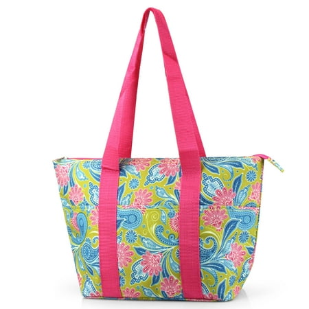 Large Insulated Lunch Bag Cooler Picnic Travel Food Box Women Tote Carry Bags by Zodaca - Green/Pink