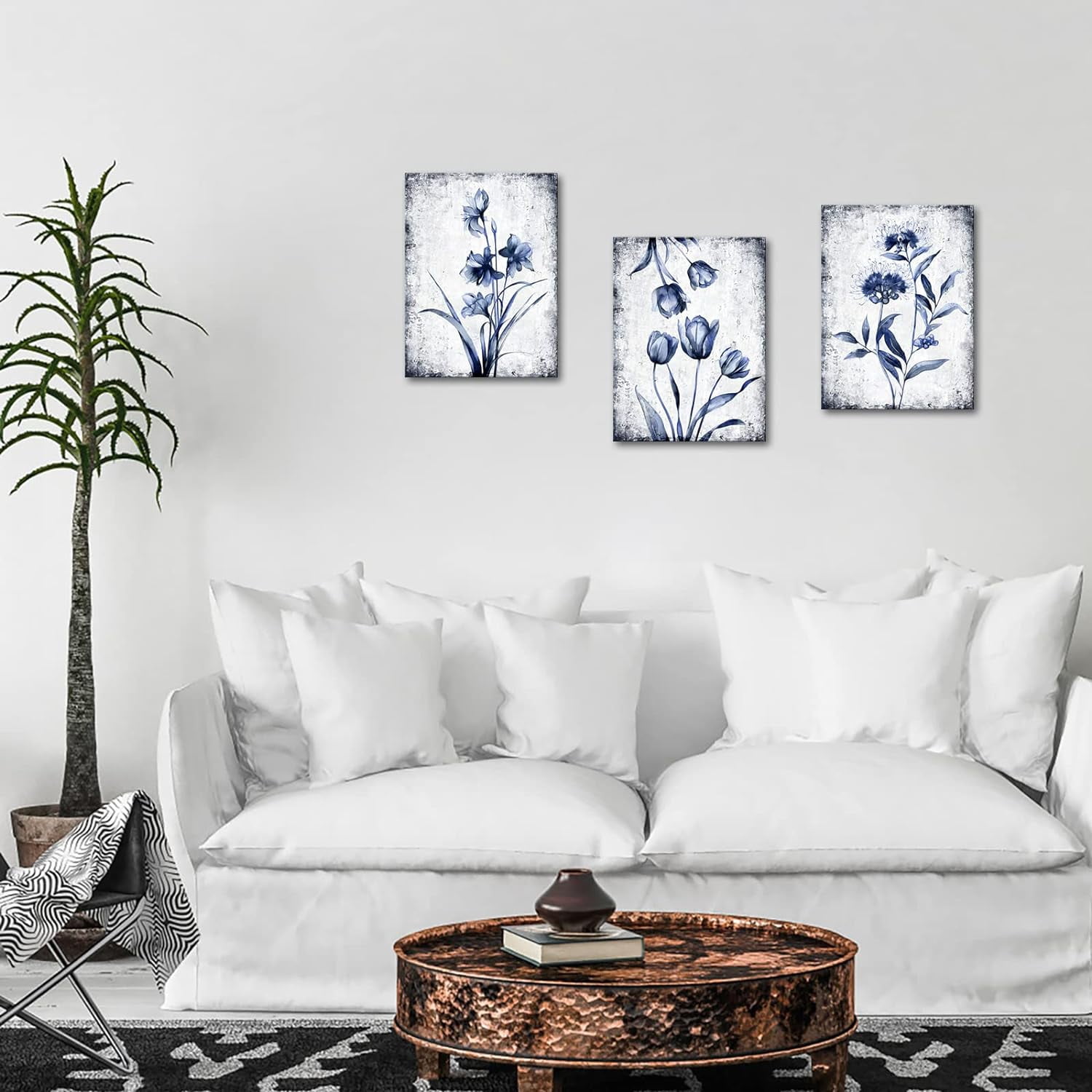 KREATIVE ARTS 3 Pieces Canvas Wall Art Navy Blue and Grey Flower Painting Art Prints Vintage Floral Picture Artwork Modern Bedroom Bathroom Wall Decor Framed Ready to Hang Each Panel 12x16 Inches