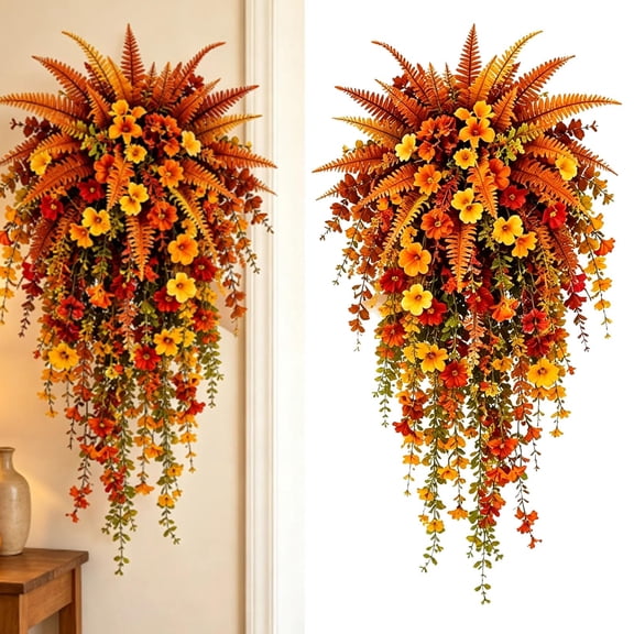 Artificial Fall Harvest Hanging Basket, Autumn Floral Door Decor, Fall Flowers Wreath for Porch, Fireplace & Home