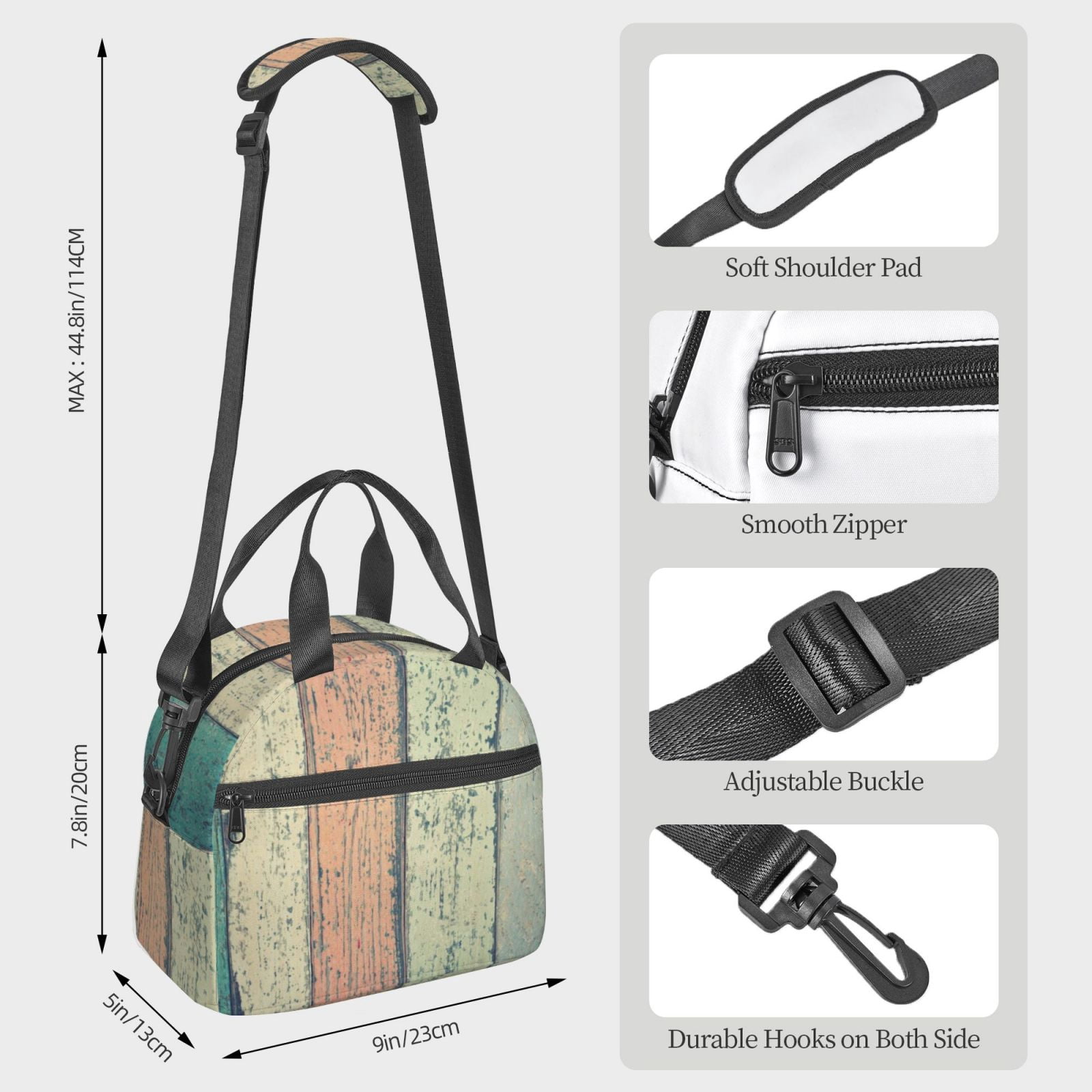 Xecao Hardwood Print Insulated Lunch Box, Lunch Cags Lunch Bag Featuring An Adjustable Shoulder Strap