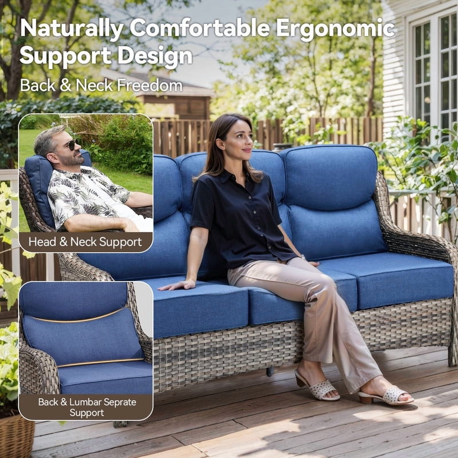 PARKWELL 4 Piece Outdoor Patio Furniture Set,All-Weather High Back Conversation Set with Luxury 6-Inch Thick Cushions,Swivel Glider Chair,5-Seat Furniture Sets for Garden, Deck, Backyard,Gray/Navy