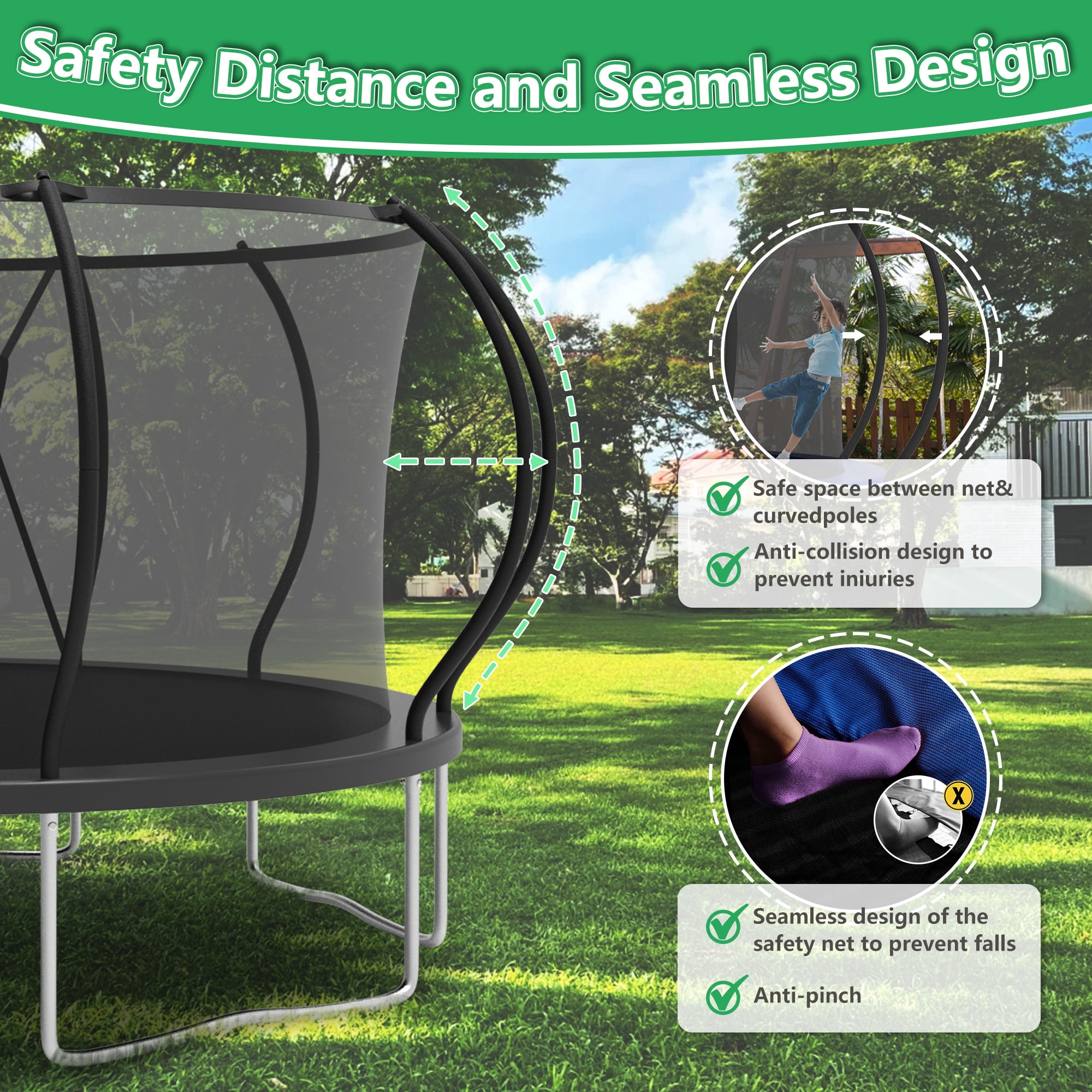 LHX Trampoline 14FT for Kids 12FT 16FT Outdoor Trampolines with Basketball Hoop, Safety Enclosure Net, Lights, Sprinklers, Socks, Recreational Heavy Duty Trampoline, 1400 LBS Loading, Easy to Install