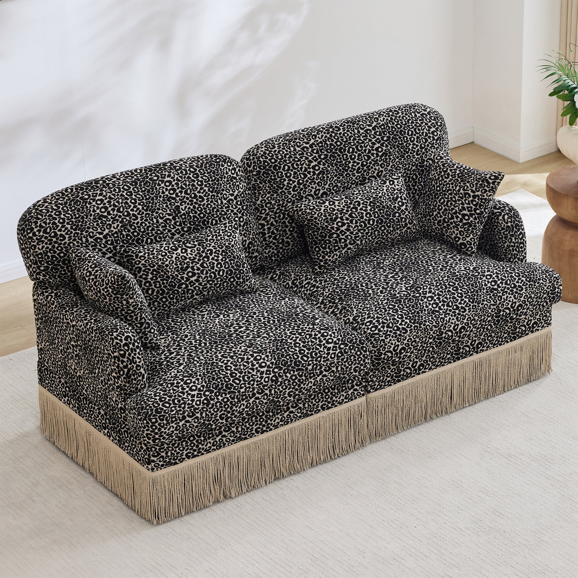 69" Chenille Leopard Tassel Deep Seat Loveseat Sofa Couch with 4 Throw Pillows