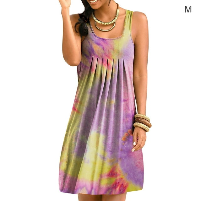 Robe Courte Imprimé Teinture sur Nœuds Sans Manches Plissée, Rose Jaune, m