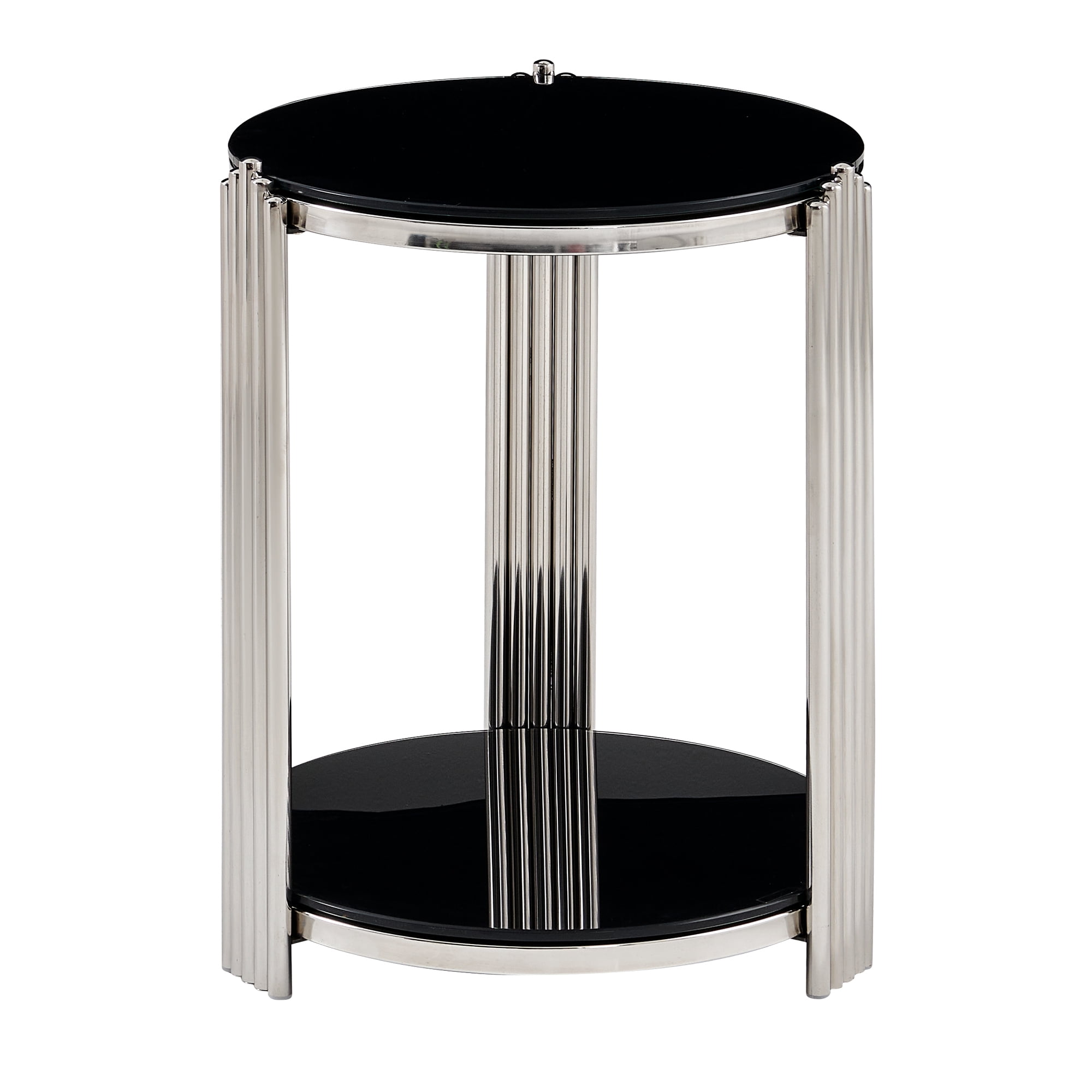 16.90 Inch Modern End Table, Bedside Table, Double-Layer Tempered Black Glass & Silver Stainless Steel Frame Living Room Table, Round Table