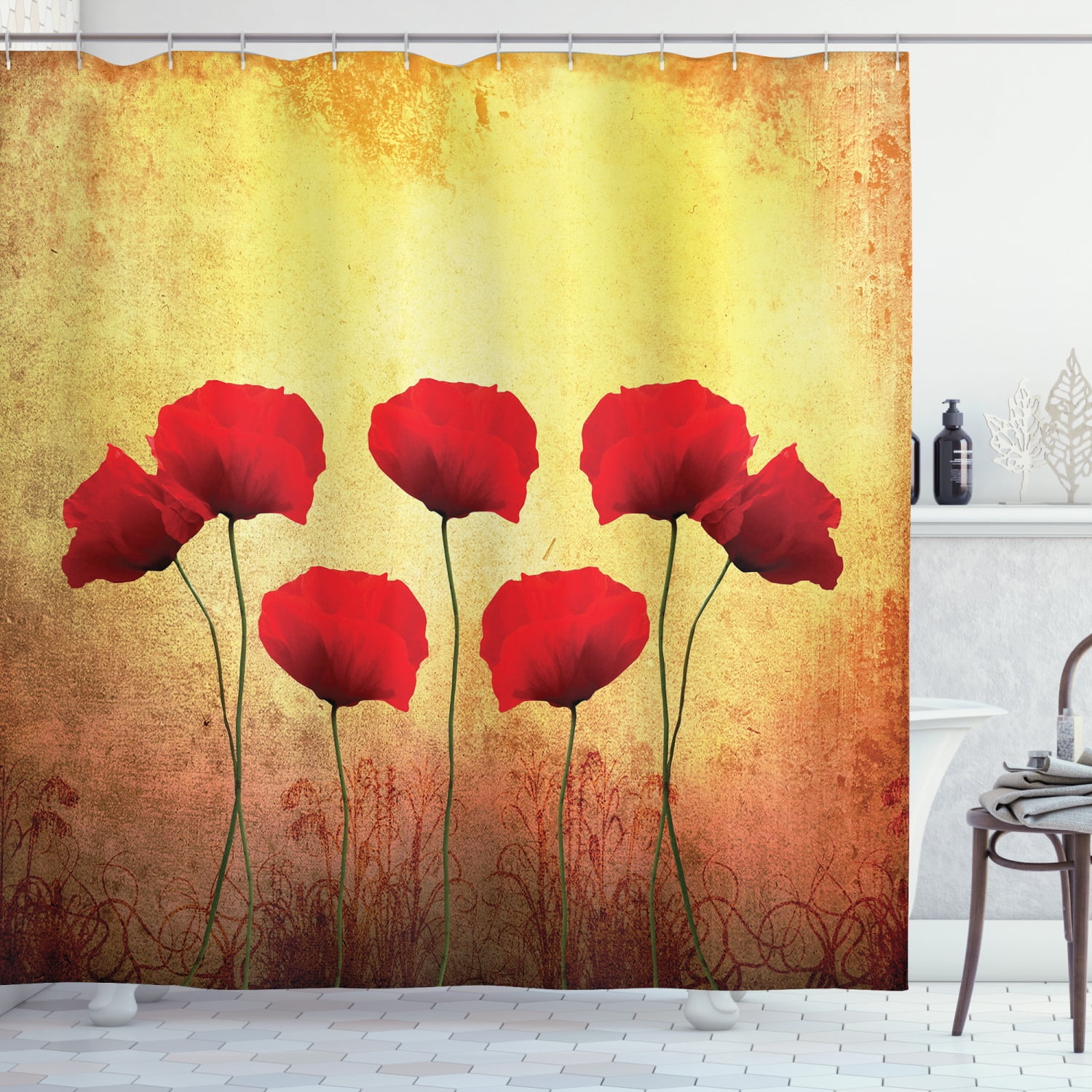 Poppy Shower Curtain, Poppies on Old Aged Retro Featured Backdrop