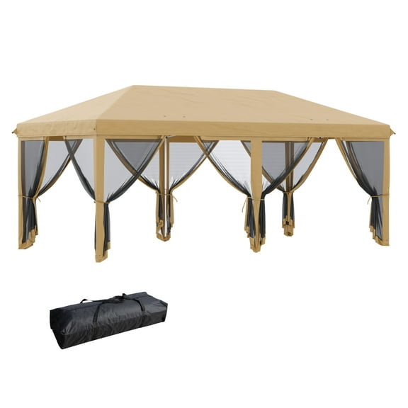 Outsunny 10' x 20' Pop Up Canopy Tent with Netting, Heavy Duty Instant Sun Shelter, Large Tents for Parties with Carry Bag for Outdoor, Garden, Patio, Beige