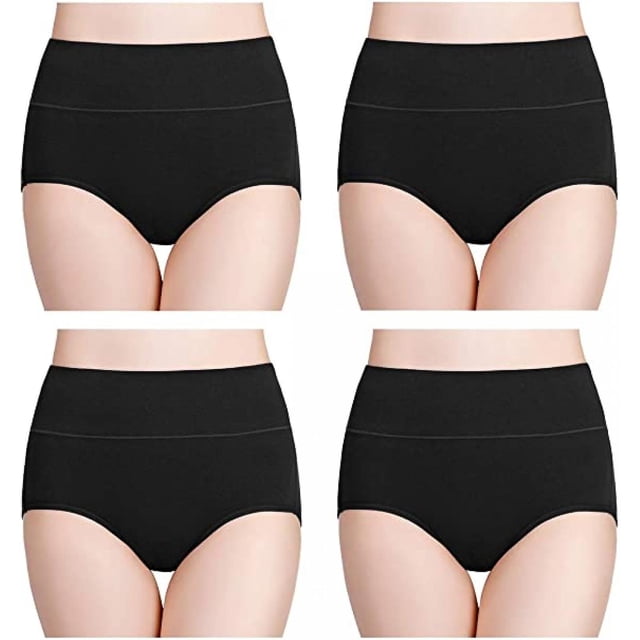 Ropa interior de algodón de talle alto para mujer, bragas suaves y completas para mujer, paquete de 4, negro, M Feliz Sencillez