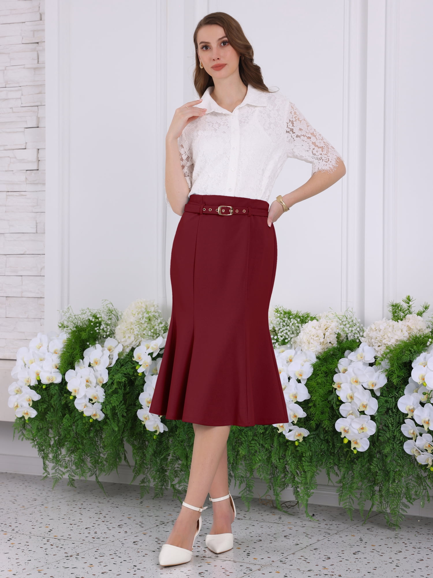 DARING DIVA Women Fishtail High Waist Belted Work Midi Mermaid Skirts S Red