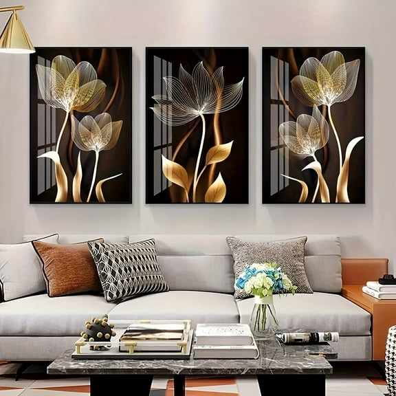 3pcs Set, Black And Golden Flower Wall Art Canvas Painting, Suitable for Living Room Decoration - Modern Abstract Design, No Frame Required