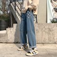 thumbnail image 3 of Men's Patchwork Checkerboard Straight Leg Jeans, Loose Wide Leg Denim Pants Casual Streetwear Trousers, 3 of 5