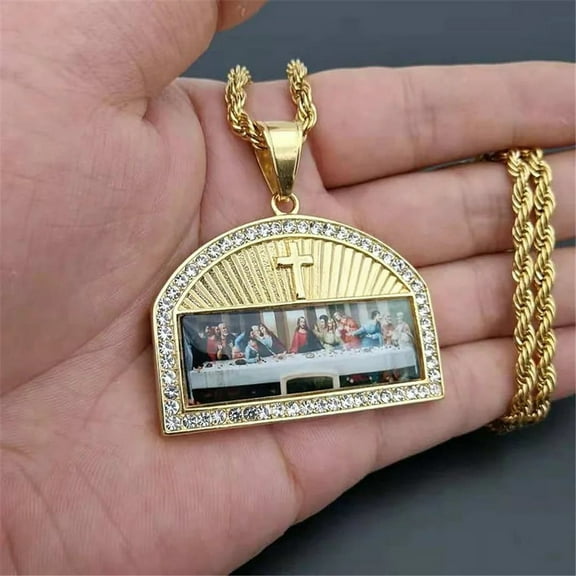 Religious The Last Supper Pendant Necklace For Men 14K Yellow Gold Iced Out Bling Cross Necklace Male Jewelry