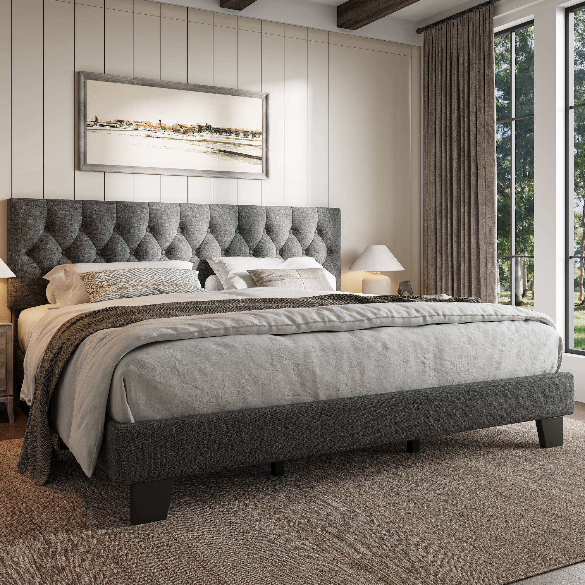 Honfach King Size Velvet Bed Frame with Upholstered Button Tufted Headboard, Platform Bed with Wooden Slats Support, No Box Spring Needed, Easy Assembly, Noise-Free,Dark Gray