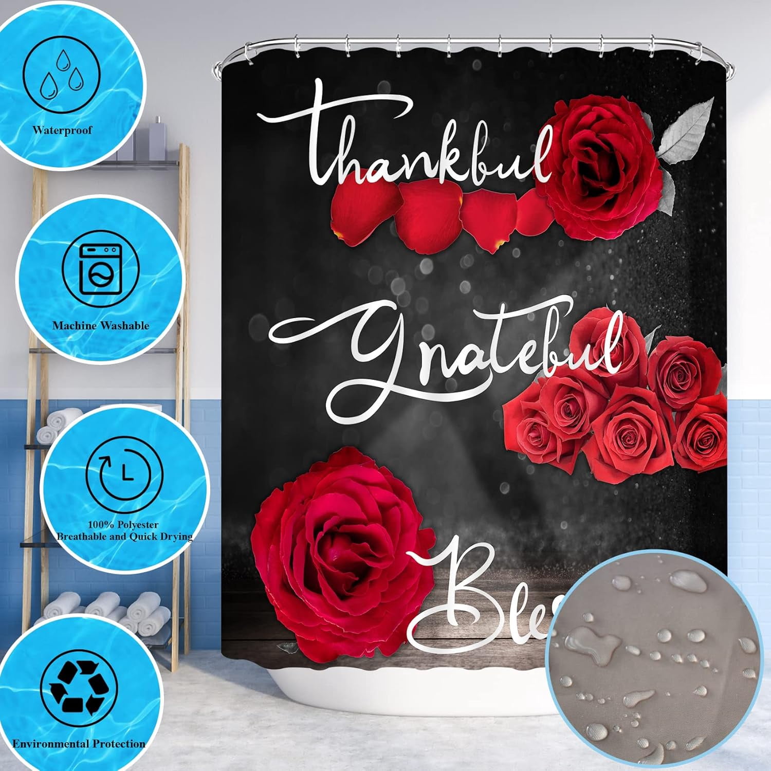 Red Rose Shower Curtain Sets, Thankful Grateful Blessed Bathroom Curtain with Non-Slip Rug, Toilet Lid Cover, Bath Mat and 12 Hooks, Romantic Showy Floral Wedding Decor for Bath