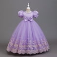 thumbnail image 6 of Girls Puff Sleeve Bow Ball Gown Dress Embroidered Mesh Floor Length Birthday Party Pageant Princess Dress (13-14 Y, Purple), 6 of 6