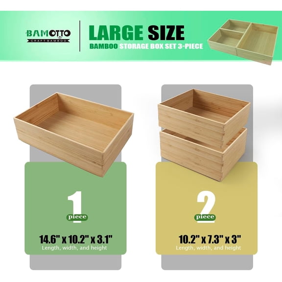 3-Piece Large Bamboo Storage Box Set, 14.6"x10.2"x3.1" & 10.2"x7.3"x3" Stackable Deep-Drawer Organizer for Kitchen Cutlery, Cookware, Utensils & Knives, Natural Bamboo Wooden Bin with Lidless