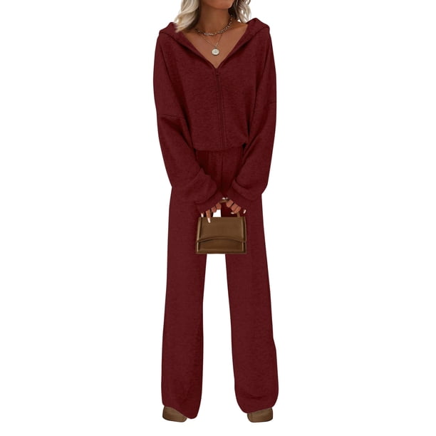 Conjunto Deportivo para Mujer PRETTYGARDEN Sudadera con Capucha y Pantalones de Pierna Ancha M Burdeos