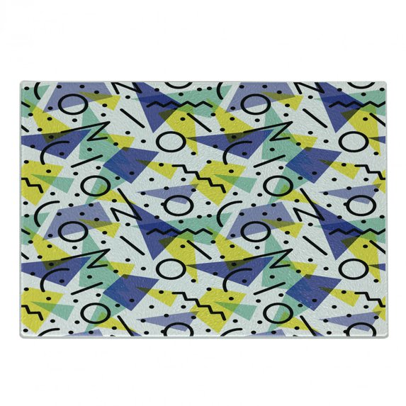 Modern Cutting Board, Geometrical Retro 80s Themed Image Lines Circles and Spots Print, Decorative Tempered Glass Cutting and Serving Board, Small Size, Blue Yellow and Black, by Ambesonne