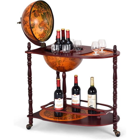 Globe Bar, 34.5” Globe Bar Liquor Cabinet with Wheels, Bottom Shelf, Old World Map, 16th Century Italian Replica Bar Globe, Retro Wine Stand, Globe Bar Cart for Dining Room Living Room Home