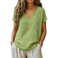 thumbnail image 2 of LIZUOJUN Womens Linen Shirts V-Neck Blouse Breathable Lightweight Loose Fit Washed Crinkle Gauze Shirt Casual Vacation Top,Green,XL, 2 of 6