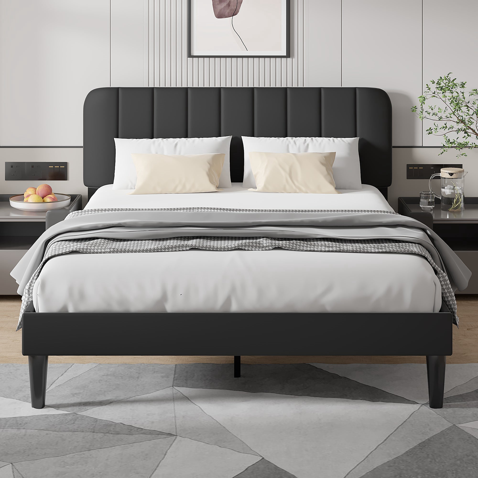 VECELO Full Size Bed Frame, Upholstered Platform Bed Frame with Adjustable Headboard, No Box Spring Needed, Easy Assembly, Black