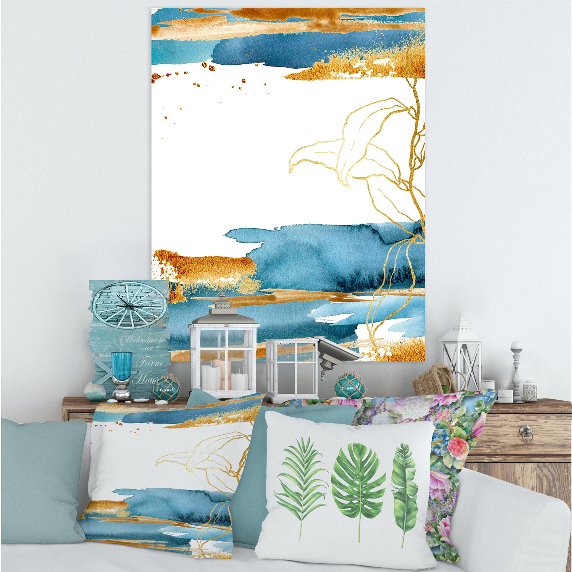 Designart ' Abstract Golden Laminaria Branch & Leaves ' Traditional Canvas Wall Art Print